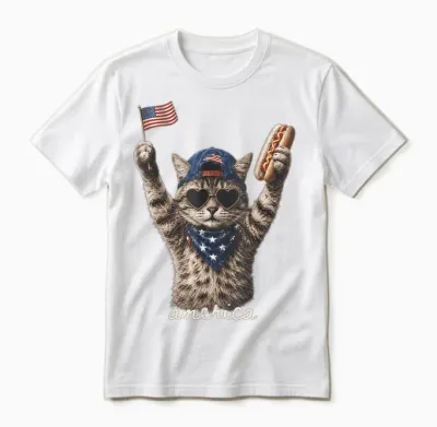Retro Funny America Cat Hot Dog Lovers Patriotic Us Unisex T-Shirt - White