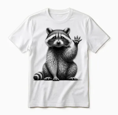 Cute Waving Raccoon Drawing Style on Chest T-Shirt, Gray Unisex T-Shirt - White
