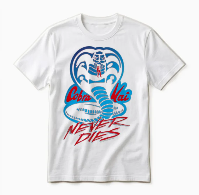 Cobra Kai Never Dies Blue and Red Cobra Logo Tv Show Unisex T-Shirt in White