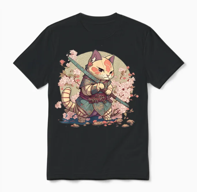 Samurai Cat Warrior Japanische Ninja Katze Kawaii Unisex T-Shirt in Black