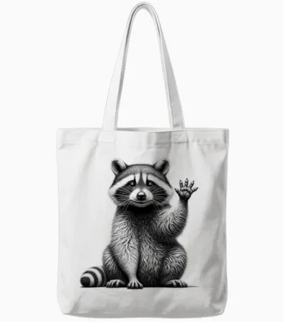Cute Waving Raccoon Drawing Style on Chest T-Shirt, Gray Tote Bags - White