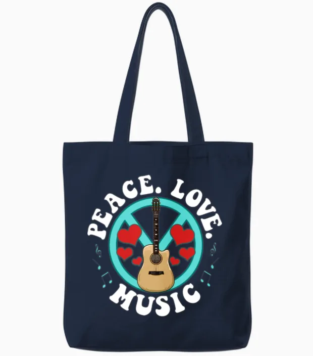 Peace Love Music Awesome Hippie Pacifist Festival Tote Bags in Navy