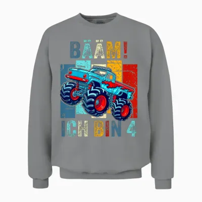 Children's 4 Years Boy Birthday Four Monster Truck Bäm! I Am 4 T-Shirt, Black Unisex Sweatshirt - Sport Grey