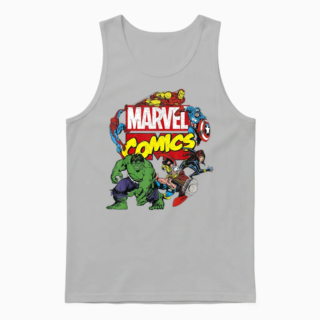 Marvel Comics Avengers Group Shot Around Logo Unisex Tank Top in Ash
