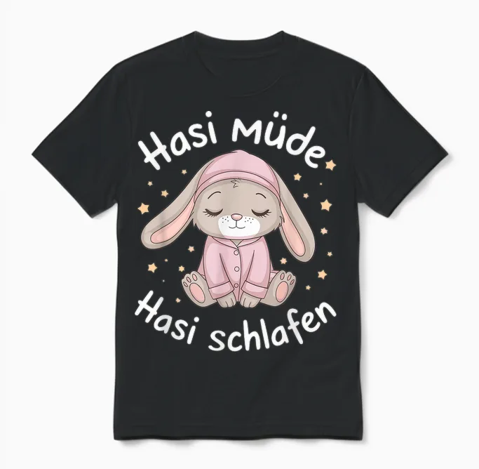 Hasi Tired Hasi Sleeping Shirt Rabbit Bunny T-Shirt, Black Unisex T-Shirt in Black