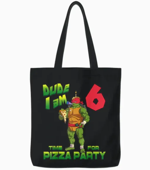 Mademark X Teenage Mutant Ninja Turtles - Dude I Am 6 Years Old Raphael Pizza Birthday Party Tote Bags - Black