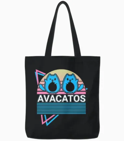 Funny Cat Retro Avocado Tote Bags - Black