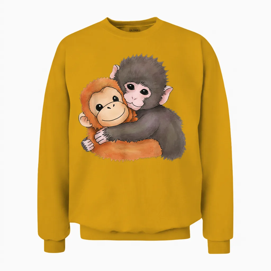 Cute Baby Monkey Named Punch Plush Hugging Unisex Sweatshirt in Gold