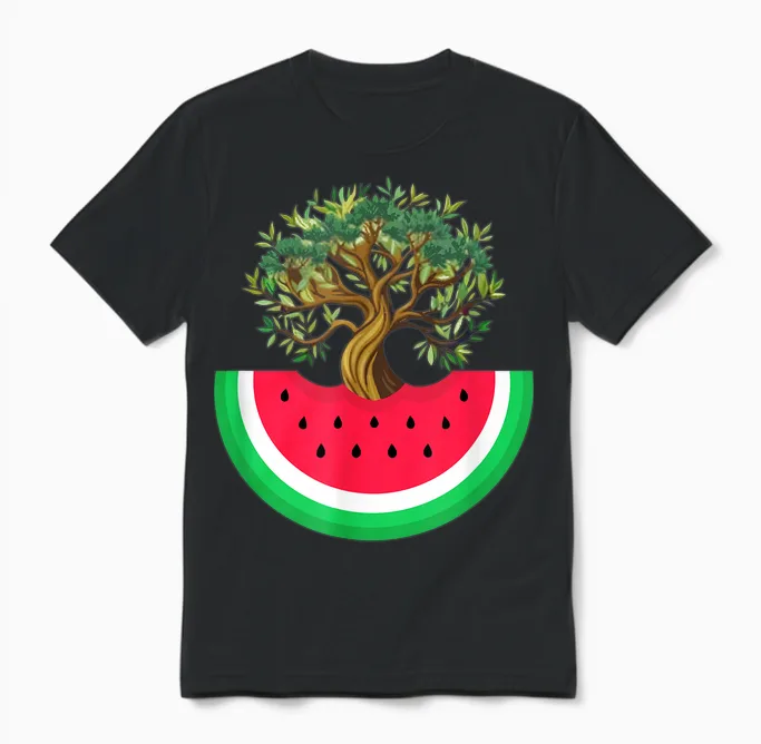 Palestine Watermelon Palestinian Olive Freedom for Palestine T-Shirt, Blue, S Unisex T-Shirt in Black