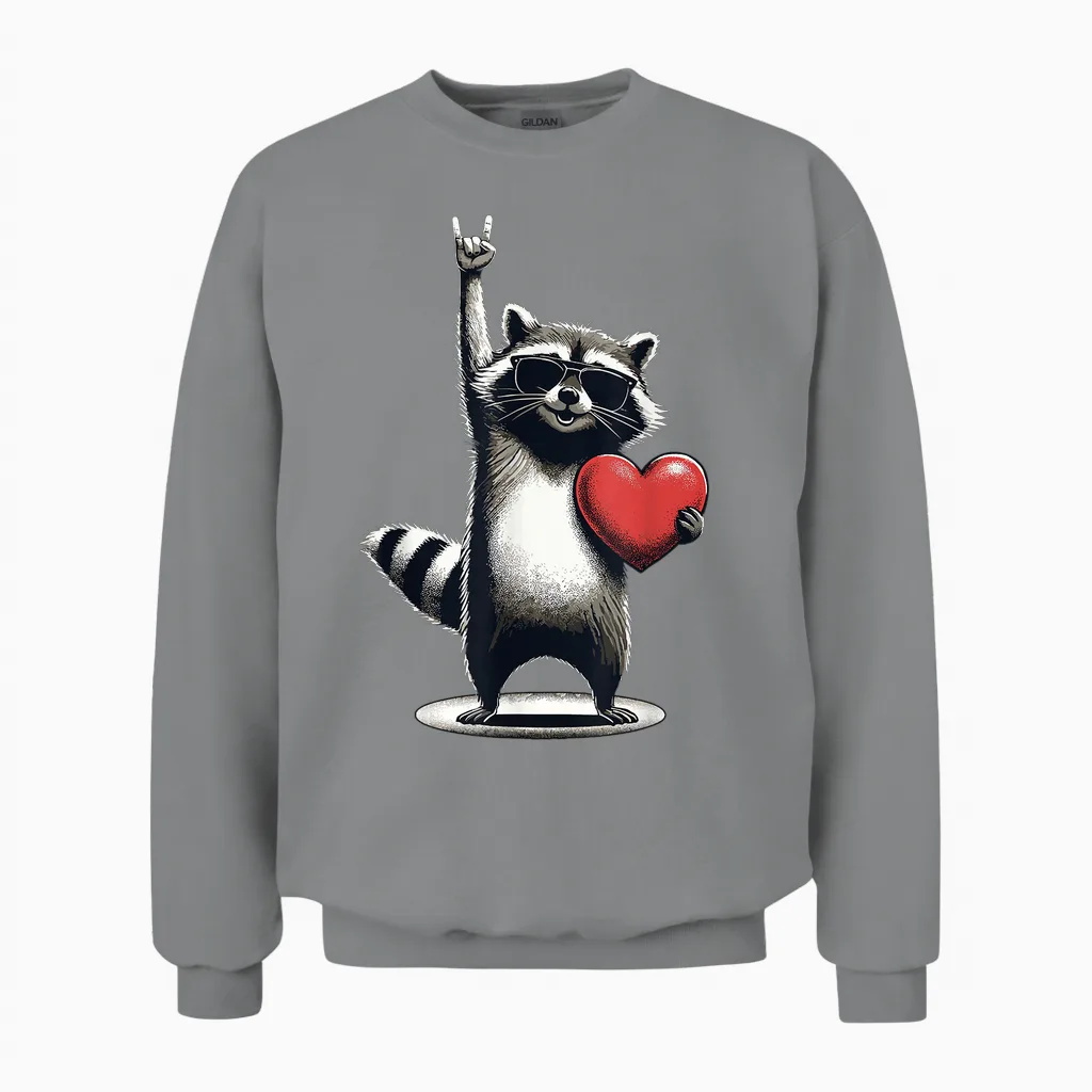 Funny Raccoon Rock on Men Women Kids Valentine's Day Unisex Sweatshirt in Sport Grey
