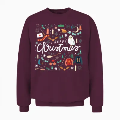 Harry Potter Happy Christmas, Hedwig, Golden Snitch Unisex Sweatshirt - Maroon