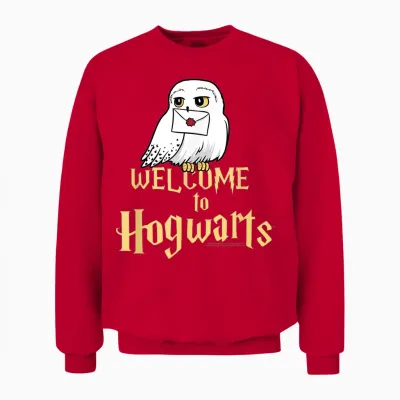 Harry Potter Hedwig Welcome to Hogwarts T-Shirt, Black Unisex Sweatshirt - Red