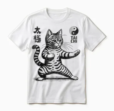Funny Cat in Tai Chi Stance Martial Arts Yin Yang Balance T-Shirt, White, S Unisex T-Shirt - White