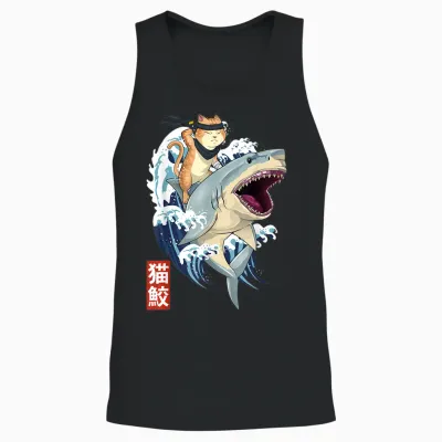 Samurai Cat Shirt - Retro Ninja Japanese Cat Shark Kanagawa Unisex Tank Top - Black