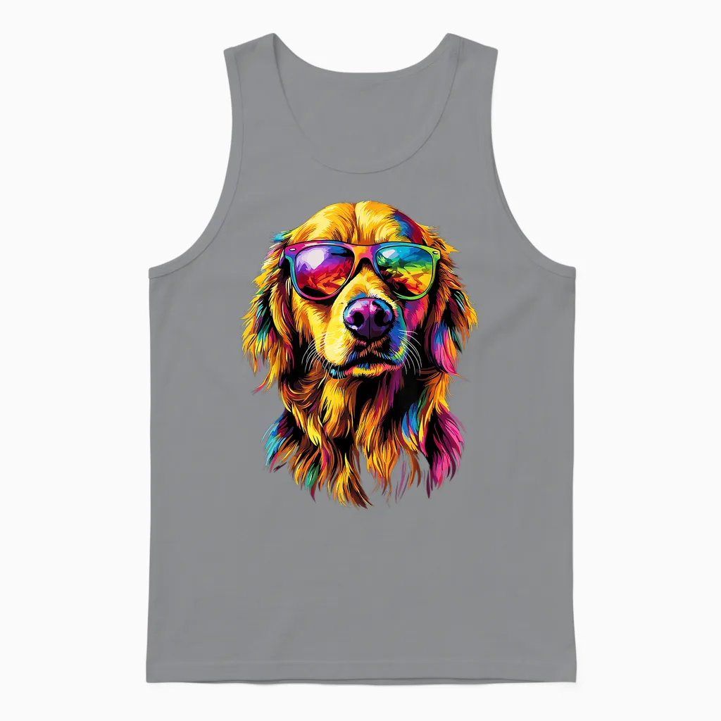 Golden Retriever with Sunglasses Dog Motif I Love Dogs T-Shirt, Black, S Unisex Tank Top in Sport Grey