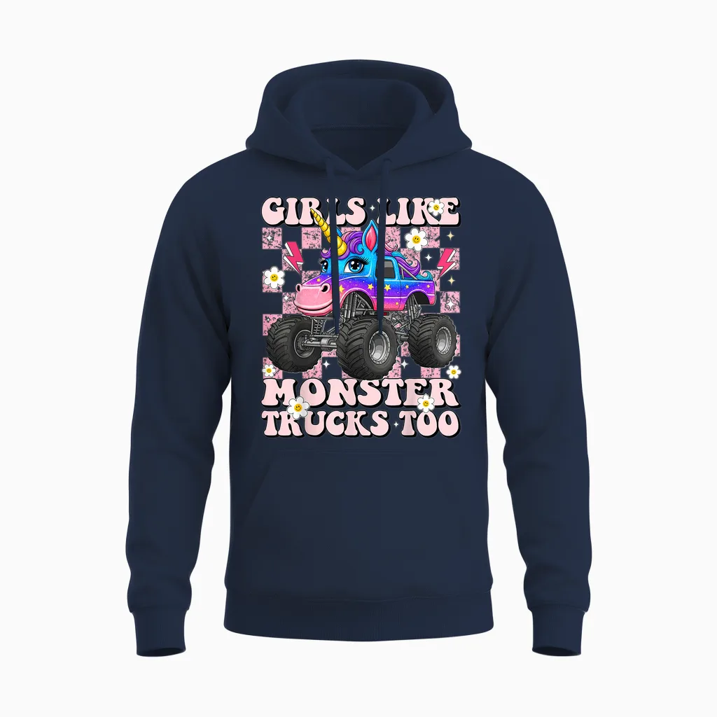 Girls Like Monster Trucks Too Cute Unicorn for Toddler Teen Unisex Hoodie in Navy