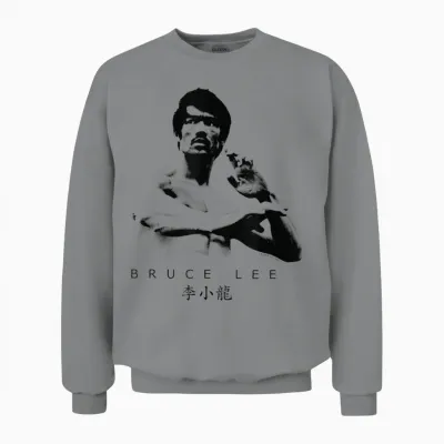 Bruce Lee on Guard Pose Epic Shot T-Shirt, White, S Unisex Sweatshirt - Sport Grey