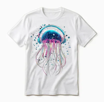 @n!mal Quallen Tiermotiv Musik Kopfhörer Kunst Quallen T-Shirt Schwarz S Cartoon Klassisch Crew-Neck Kurzarm Unisex Erwachsene Kinder Tierliebhaber Unisex T-Shirt - White