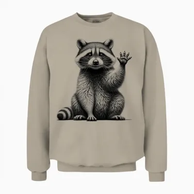 Cute Waving Raccoon Drawing Style on Chest T-Shirt, Gray Unisex Sweatshirt - Sand