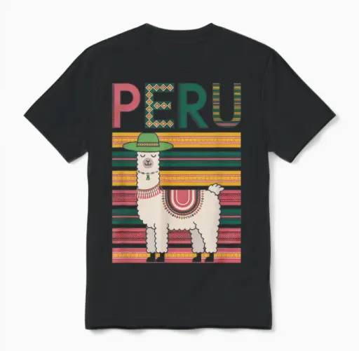 Lovely Peruvian Llama from Peru - Fun Design from Peru Unisex T-Shirt in Black