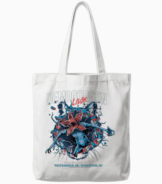 Stranger Things Demogorgon Live the Upside Down T-Shirt, Black Tote Bags in White