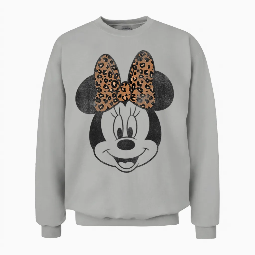 Disney Minnie Mouse Vintage Leopard Print Bow Portrait Short Sleeve Unisex Sweatshirt in Ash