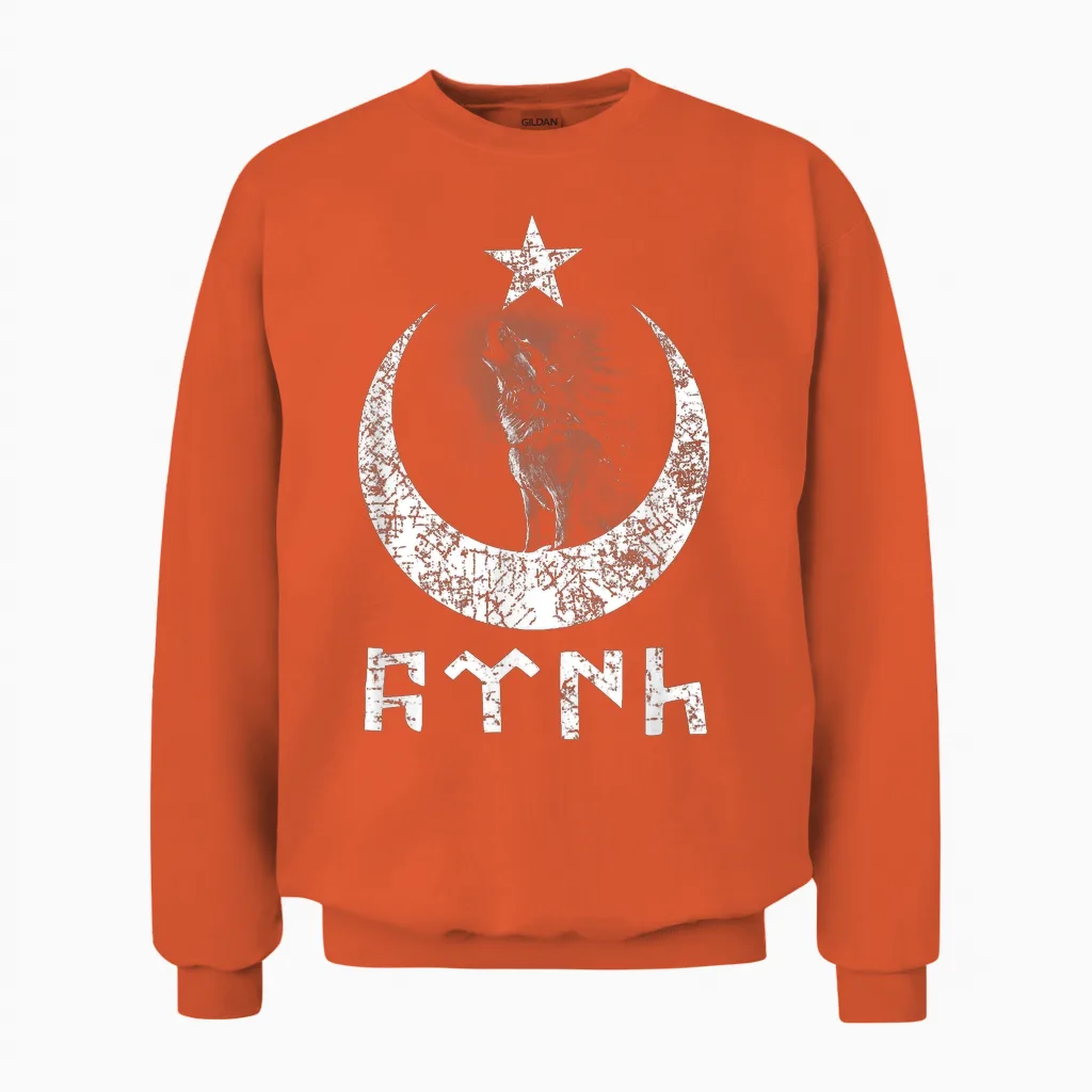 Türk Göktürk Writing Hilal & Yildiz & Bozkurt Design T-Shirt, Black, S Unisex Sweatshirt in Orange