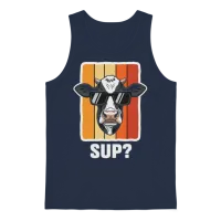 Cow in Shades on Retro Stripes Unisex Tank Top - Navy – 1