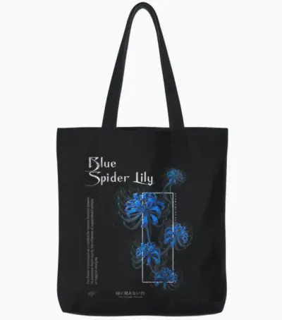 Japanese Blue Spider Lily in Anime Soft Grunge Aesthetic T-Shirt, Black Tote Bags - Black