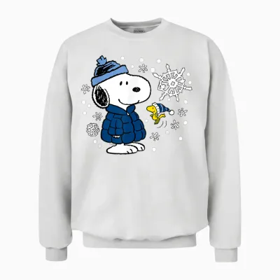 Peanuts - Snoopy Woodstock Cozy Winter Snowflakes Unisex Sweatshirt - White