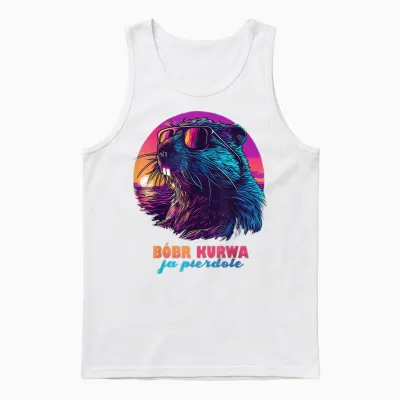 Synthwave Polish Beaver Meme Bober Kurwa Ja Pierdole Bobr T-Shirt, Black Unisex Tank Top - White