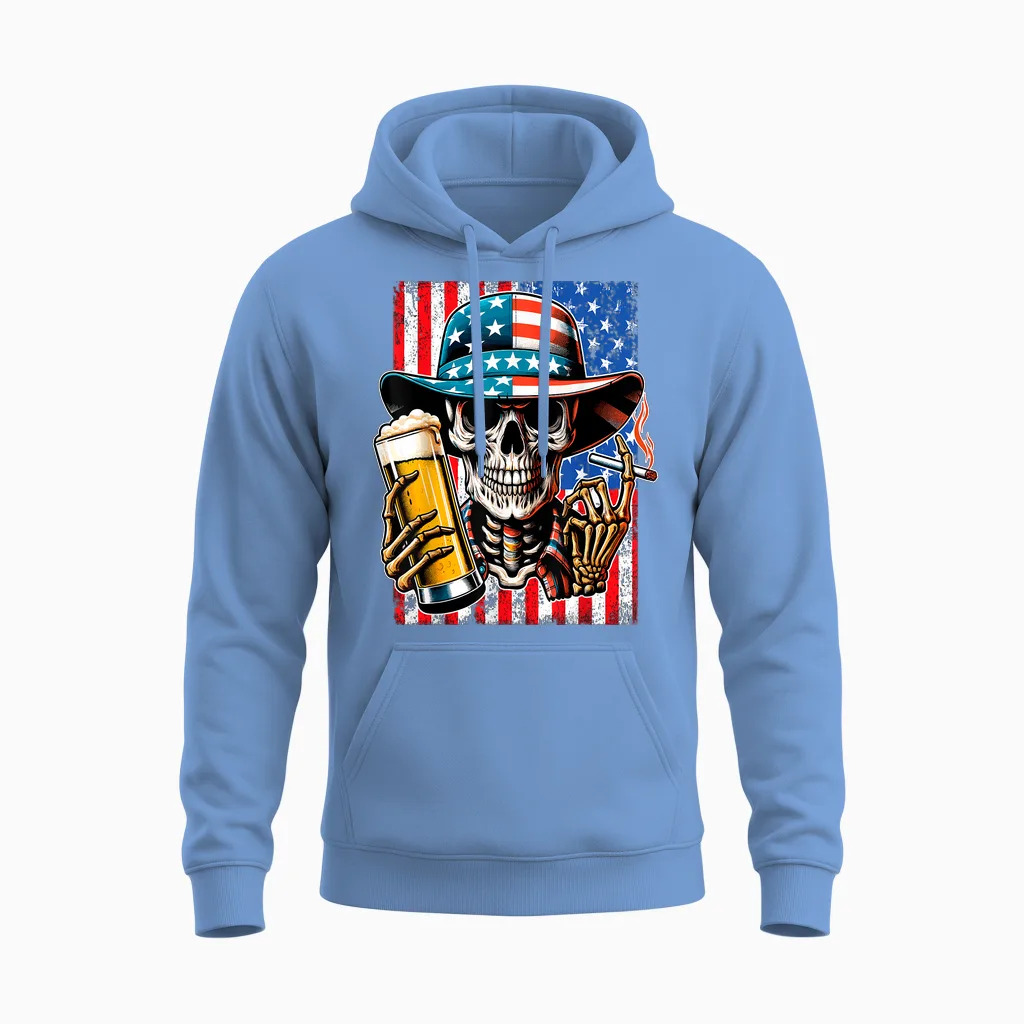 4th of July Shirt for Women Men American Flag Skull Skeleton Unisex Hoodie in Carolina Blue