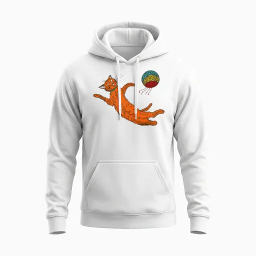 Chasing the Sack – Orange Cat Hacky Sack Unisex Hoodie in White