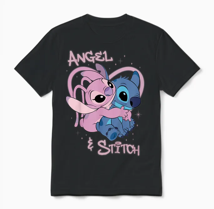 Children's Disney Lilo & Stitch Angel and Stitch Airbrush Heart Unisex T-Shirt in Black