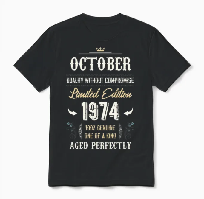 October 1974 Vintage Birthday Present Unisex T-Shirt in Black