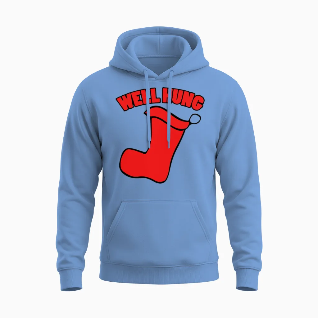 Well Hung Funny Christmas Unisex Hoodie in Carolina Blue