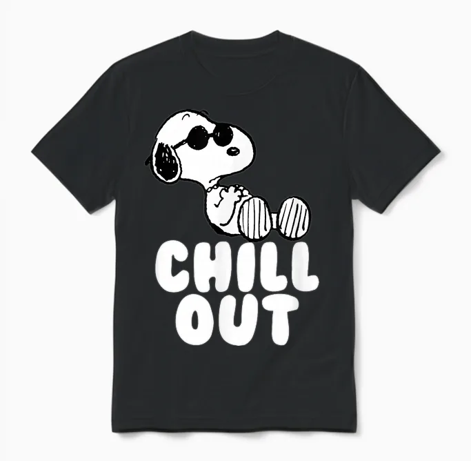 Peanuts Classic Fit Crew Neck T-Shirt - Chill Out Snoopy Graphic in Blue Unisex T-Shirt in Black