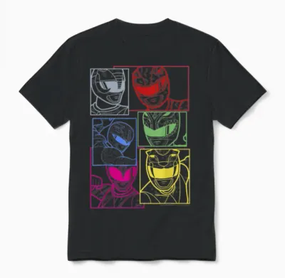 Power Rangers Group Shot Color Silhouette Line Art Panels Unisex T-Shirt - Black