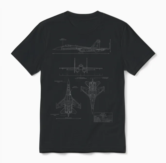 Sukhoi Su-27 Flanker Russian Jet Airplane T-Shirt, Black Unisex T-Shirt in Black