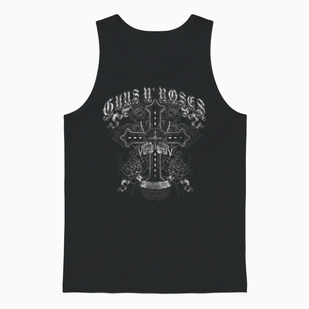 Guns N' Roses Official Vintage Cross White T-Shirt, Black Unisex Tank Top in Black