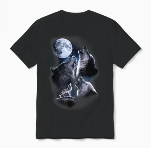 Howling Wolves in the Full Moon Moonlight with Starry Sky Unisex T-Shirt in Black