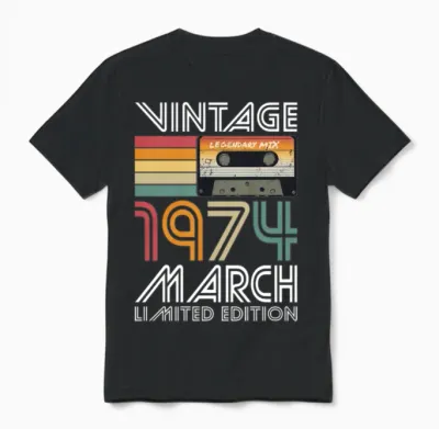 50th Birthday Vintage March 1974 Limited Edition Unisex T-Shirt - Black
