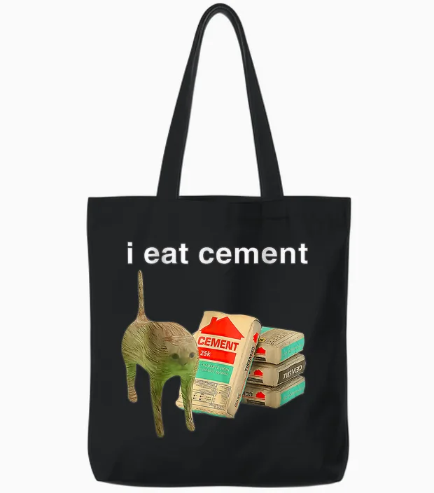 I Eat Cement Cursed Cat Funny Oddly Specific Dank Meme Tote Bags in Black