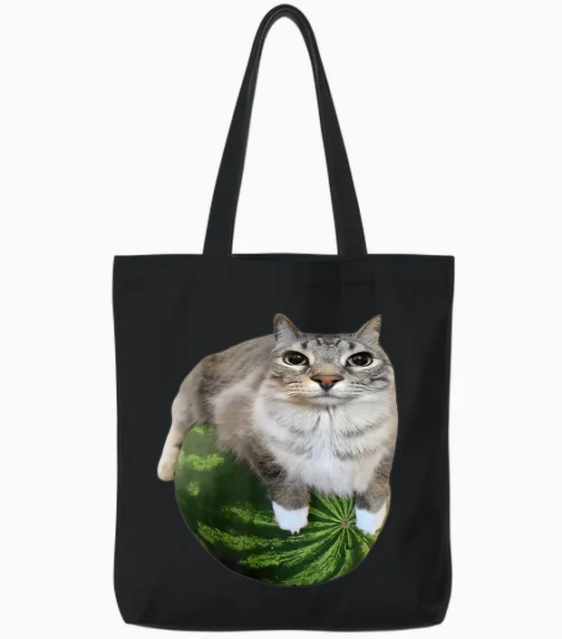 Watermelon Cat Silly Cat Meme Tote Bags in Black