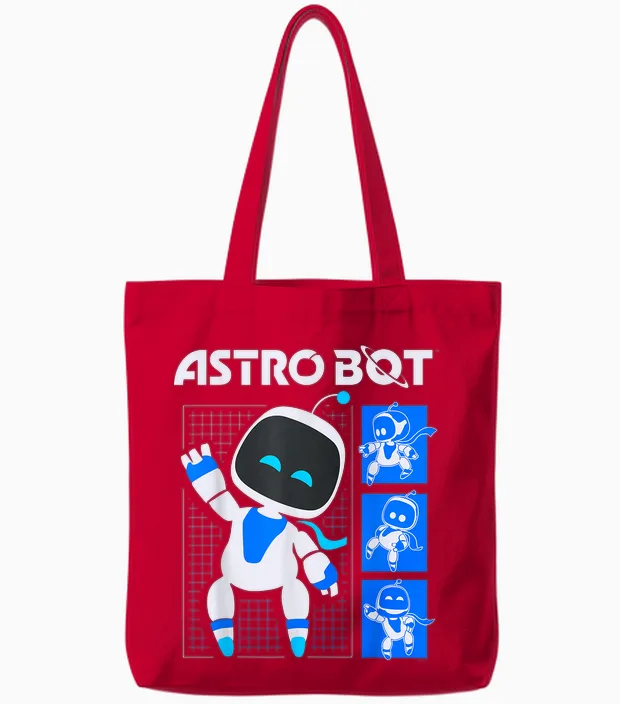 Astro Bot Pose Grid Collage with Logo Video Game Tote Bags in Red