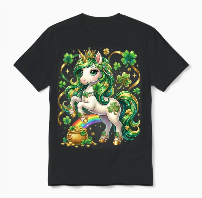 Unicorn St Patricks Day Toddler Girls Kid Shamrock Lepricorn Unisex T-Shirt in Black