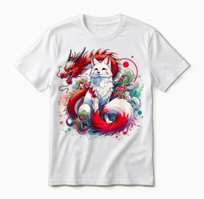Dragon Kitsune Japanese Fox Nine-Tailed T-Shirt, Black, S Unisex T-Shirt - White