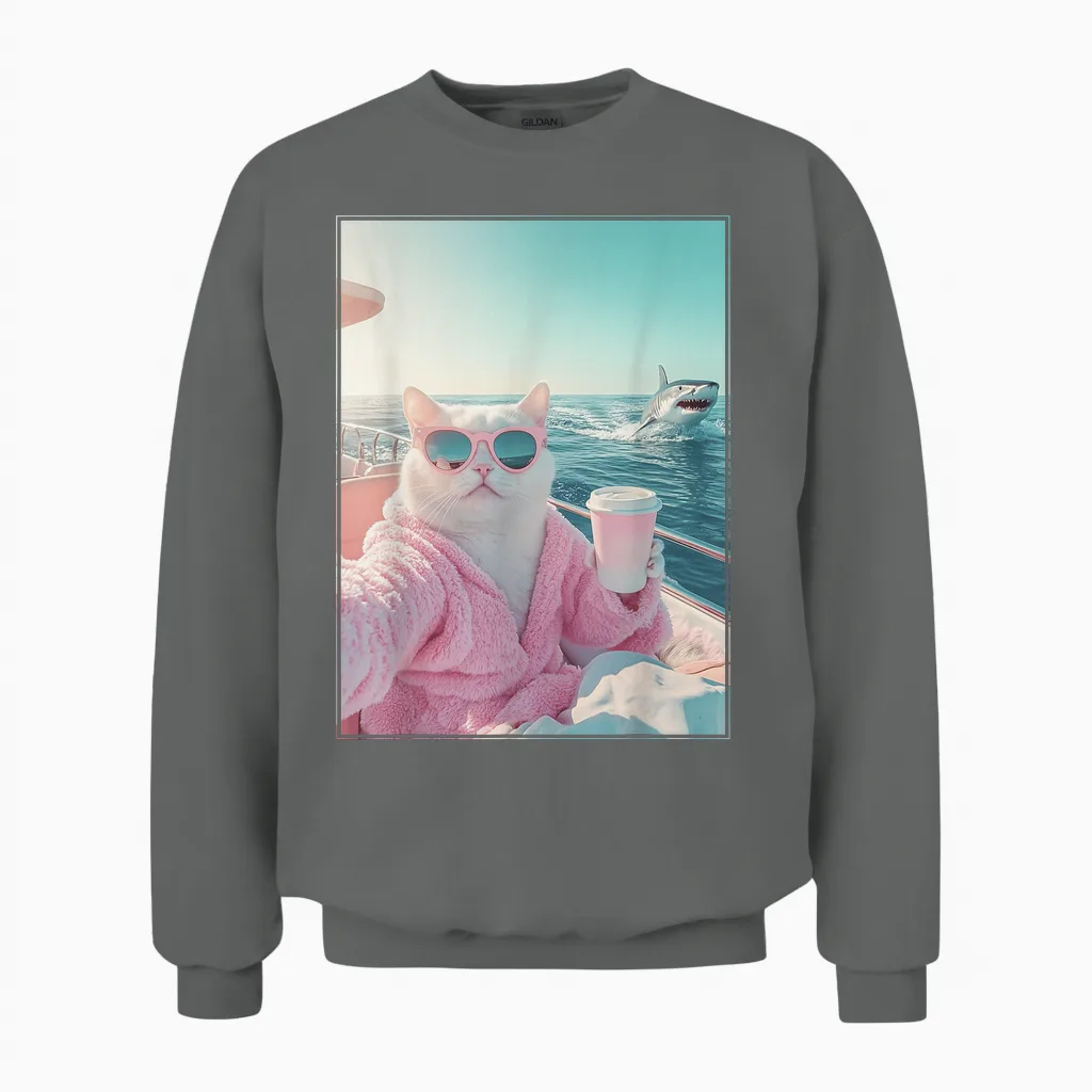 Relaxed Cat on Yacht Boat and Shark Funny Cat Meme Unisex Sweatshirt in Graphite Heather