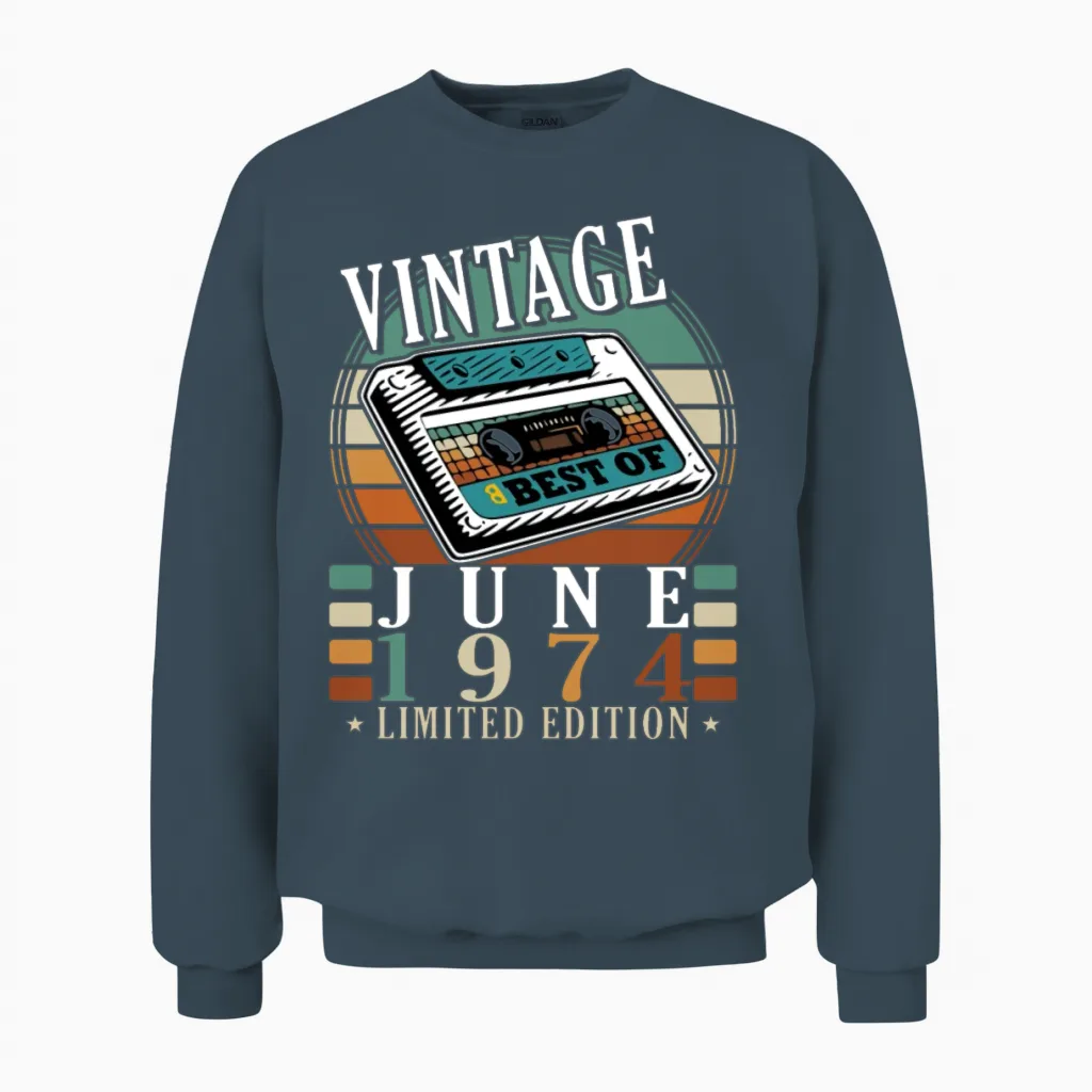 June 1974 Vintage Birthday Present Unisex Sweatshirt in Dark Heather