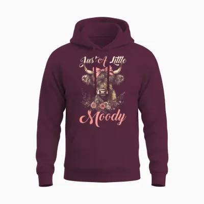 Highland Cow Just a Little Moody Flower Funny Farm Farmer Unisex Hoodie - Maroon